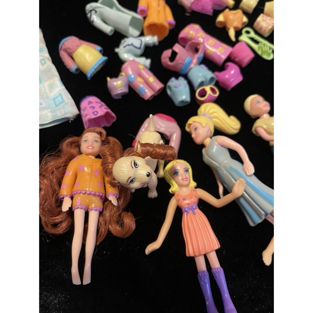 Vtg Polly Pocket Lot 1999-2002: 5 Dolls, 50+ Rubber Clothes, Pets, McDonalds